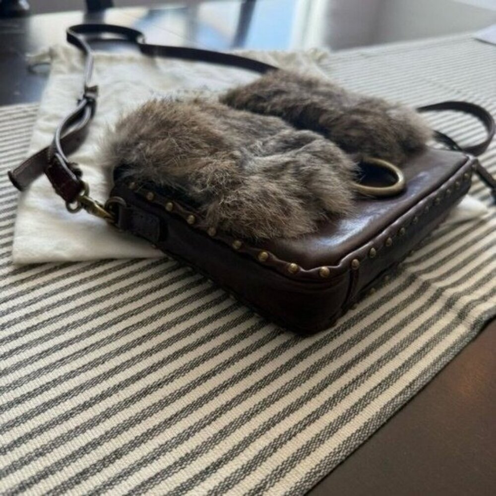 Frye Roxanne Rabbit Fur Genuine Leather Stud Studded Crossbody Bag Purse Brown • - Picture 5 of 12
